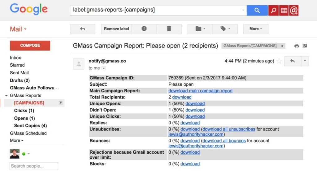 GMass report for campaigns