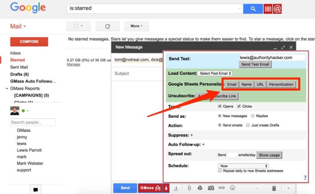 GMass Google Sheet Personalization elements
