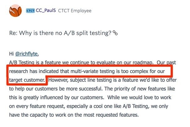 Constant Contact Official Response To No A:B Split Testing