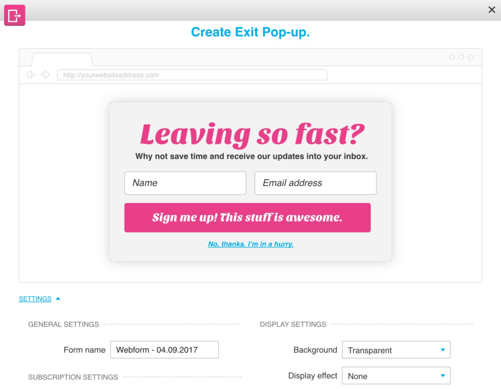 GetResponse Form Editor Exit Intent Popup