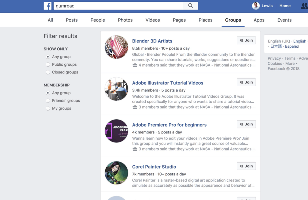 Gumroad Facebook Page Search
