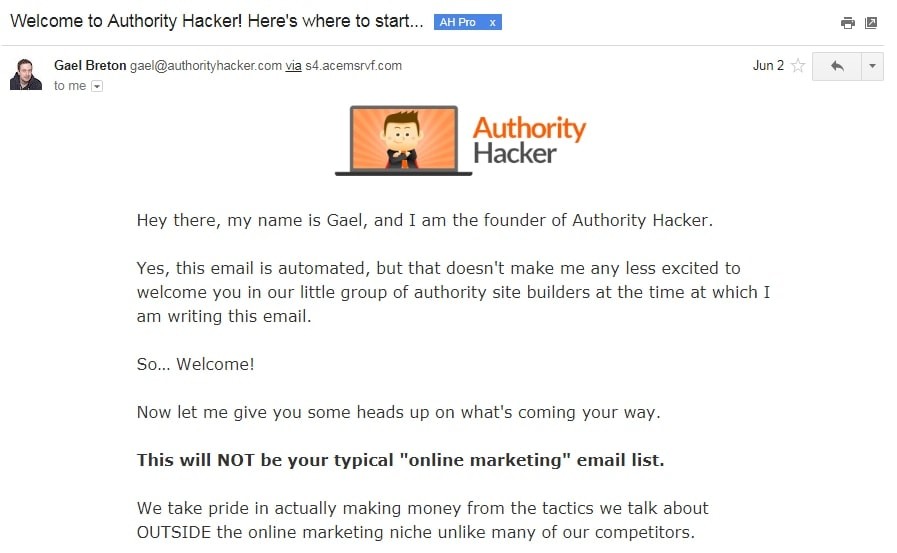 Authority Hacker Welcome Sequence Email