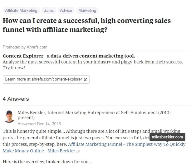 Quora Affiliate Marketing answer from Miles Beckers