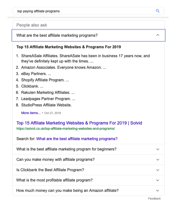 Affiliate Programs Featured Snippet