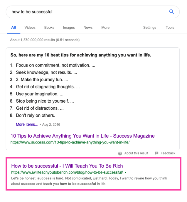 Featured Snippet Result Example