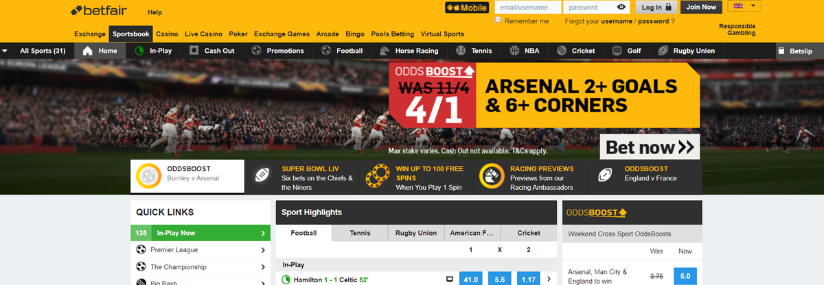 Betfair Homepage Screenshot