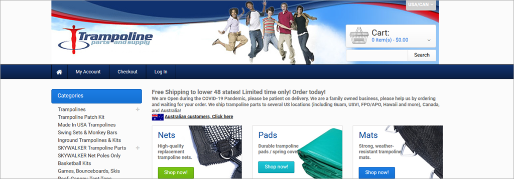 Trampoline Parts And Supply Homepage Screenshot