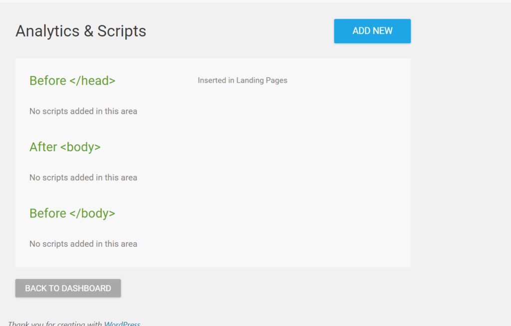 The Analytics & Scripts screen in the Thrive Dashboard