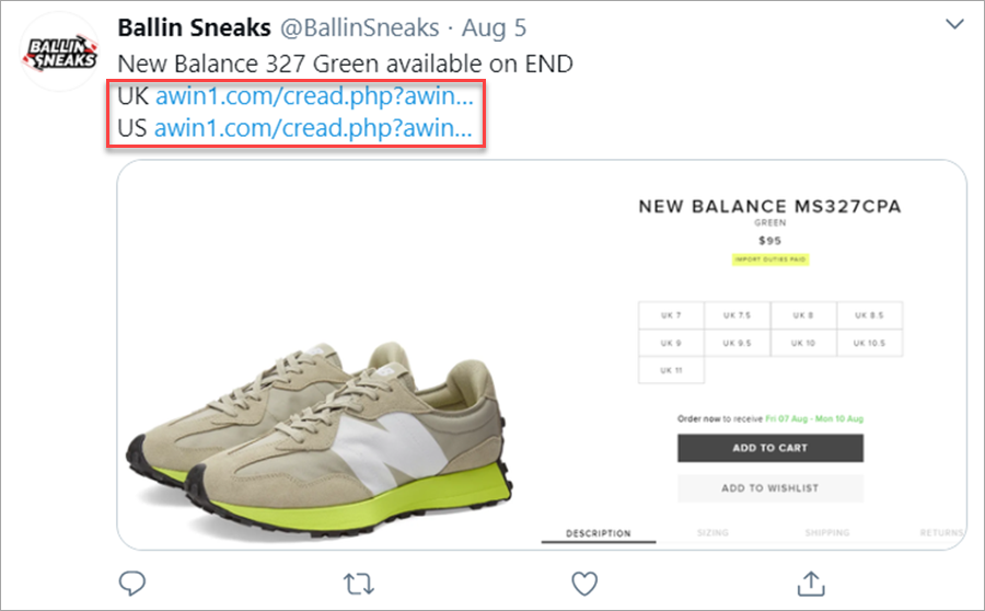 Twitter Post With Affiliate Awin Links