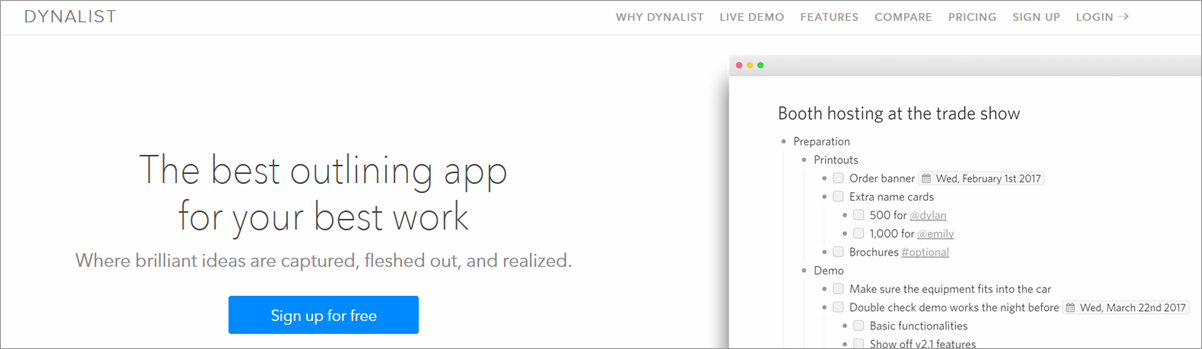 Dynalist Homepage Screenshot