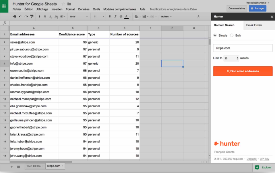 Hunter For Google Sheets