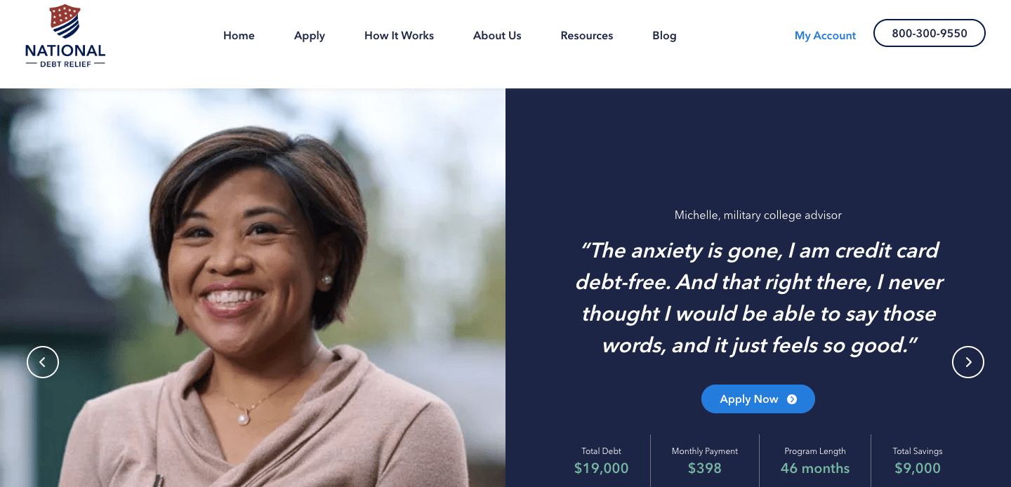 national debt relief homepage screenshot