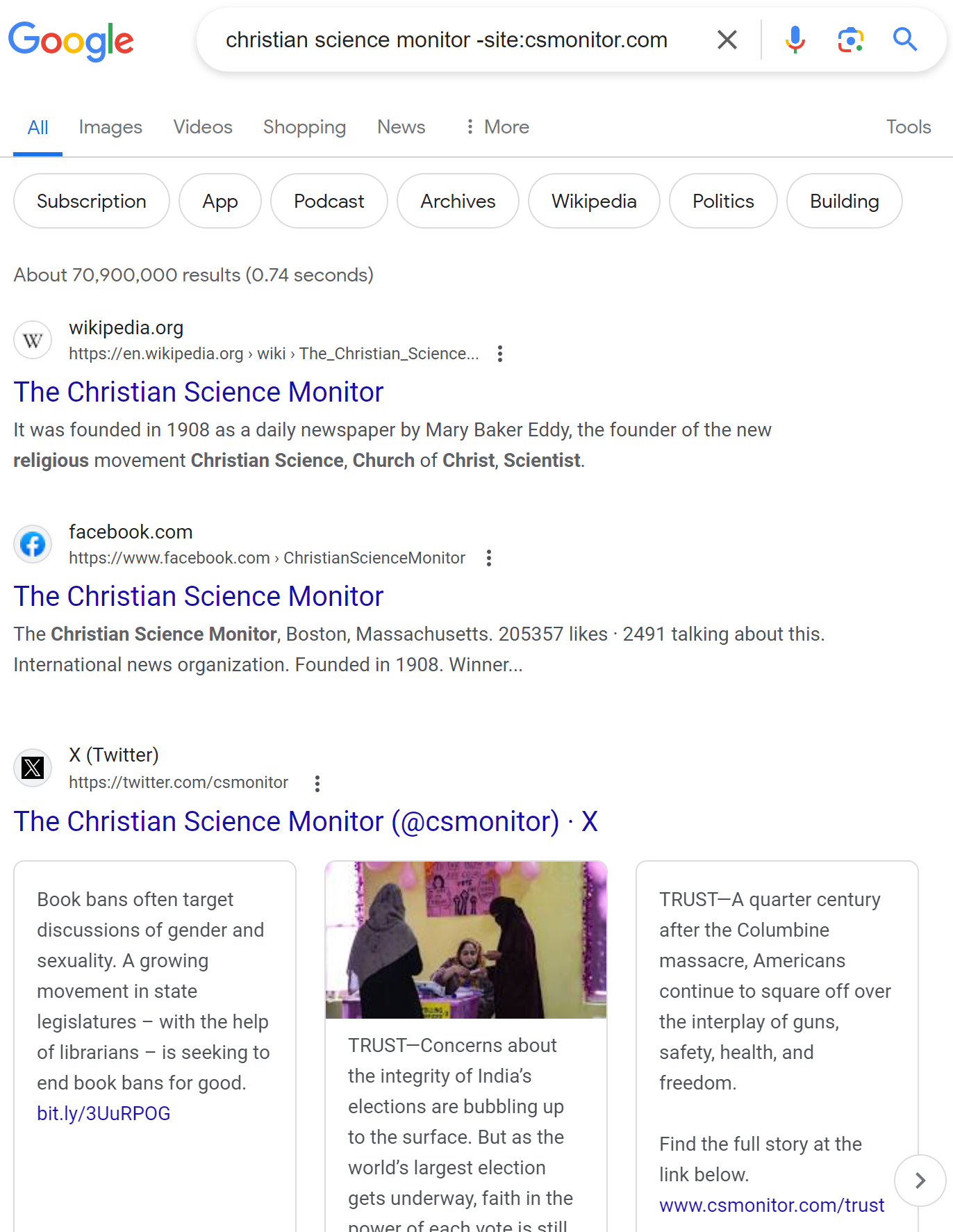 Christian Science Monitor Google search results