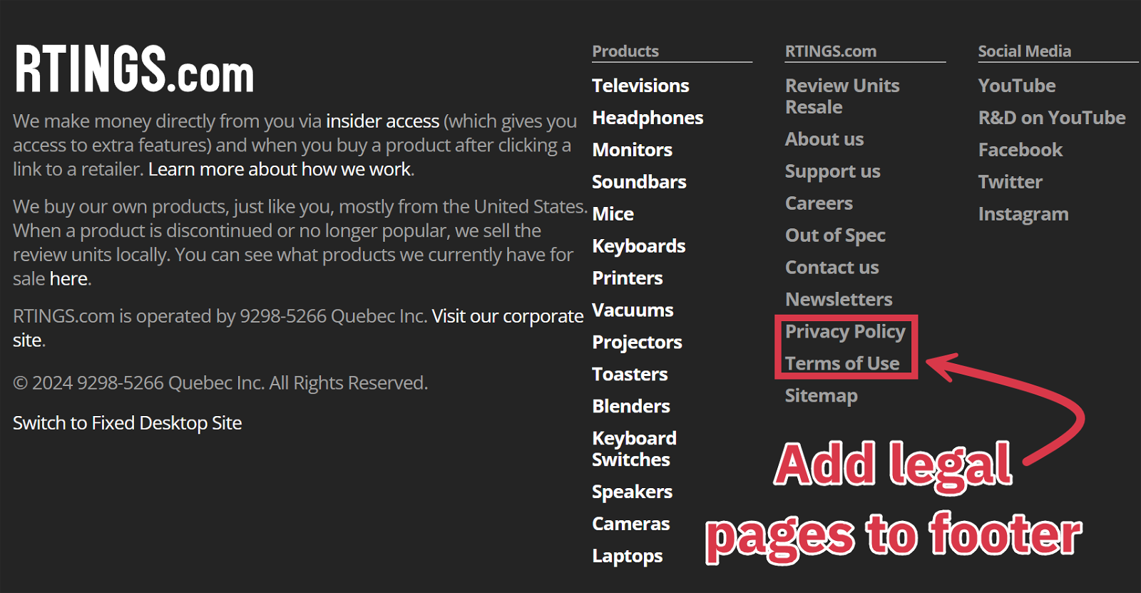 RTINGS.com legal pages on footer