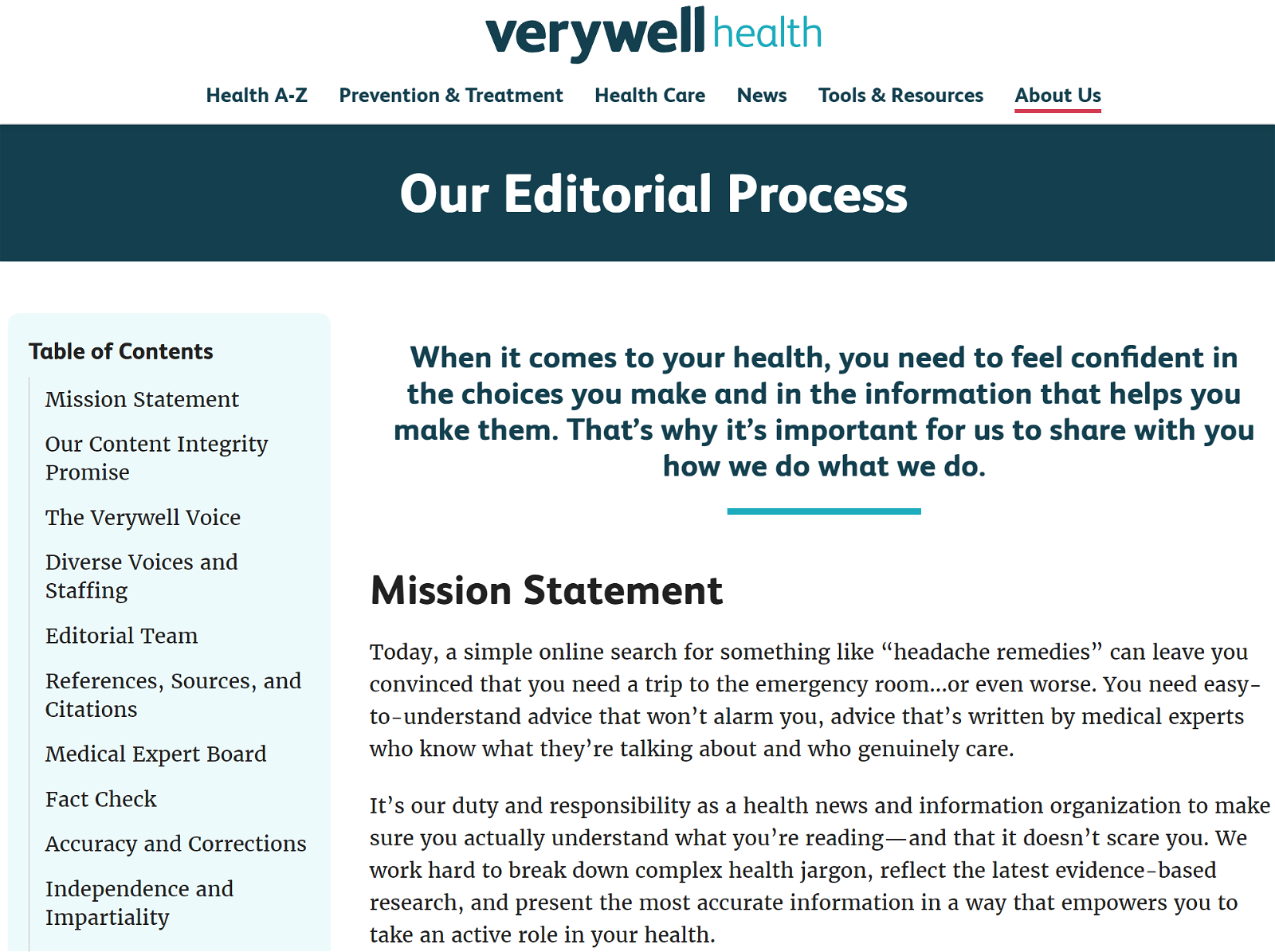 Verywell Health editorial process page