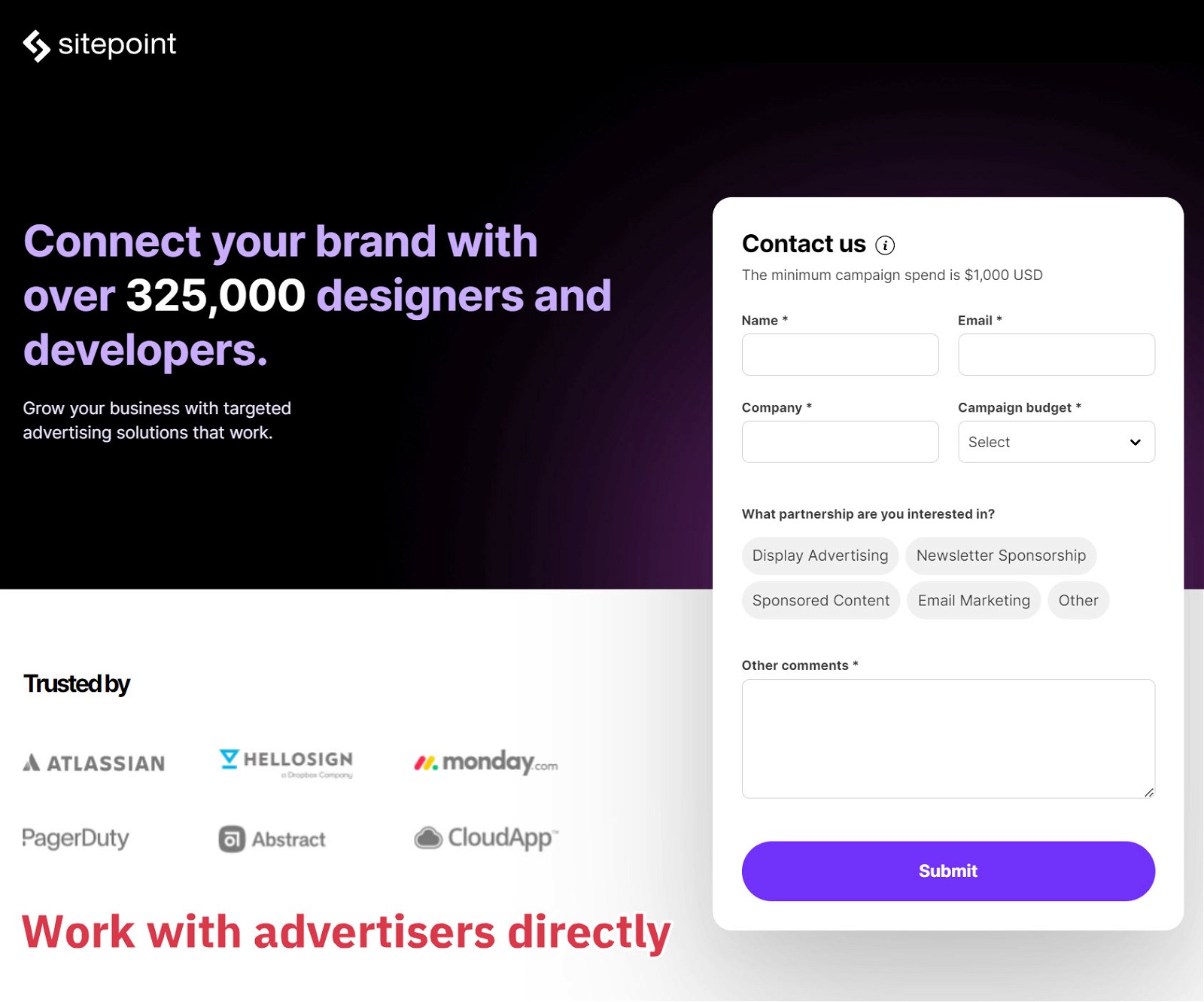 Sitepoint work with advertisers directly