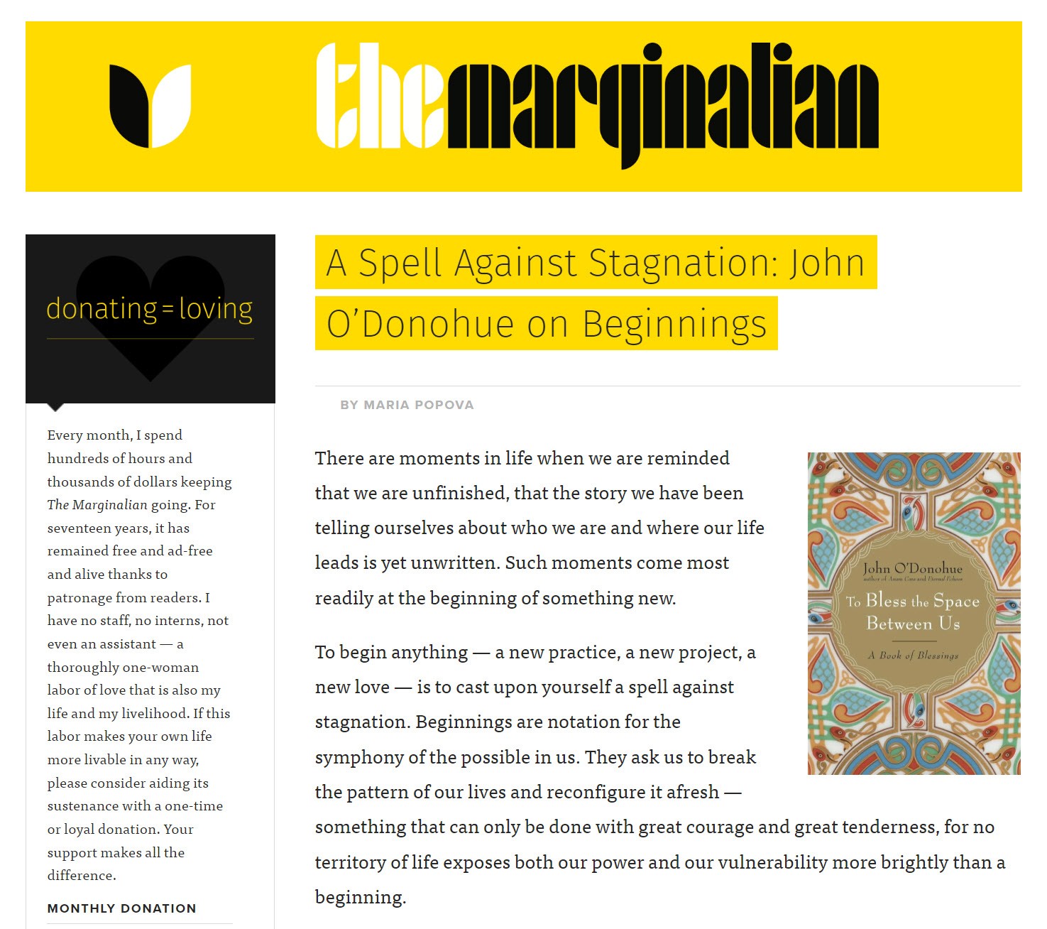 The Marginalian homepage