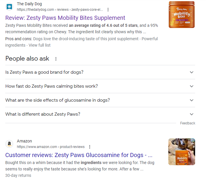 Zesty Paws review SERP