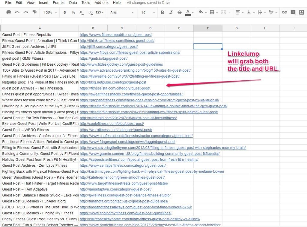 Linkclump Google Search Copied to Google Spreadsheet