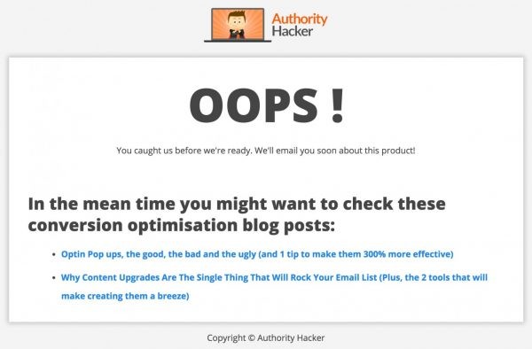 Oops page on Authority Hacker when testing product ideas.