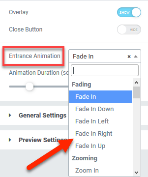 Popup animation settings in Elementor