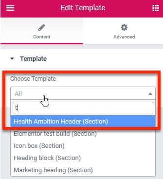 Template Widget Search in Elementor