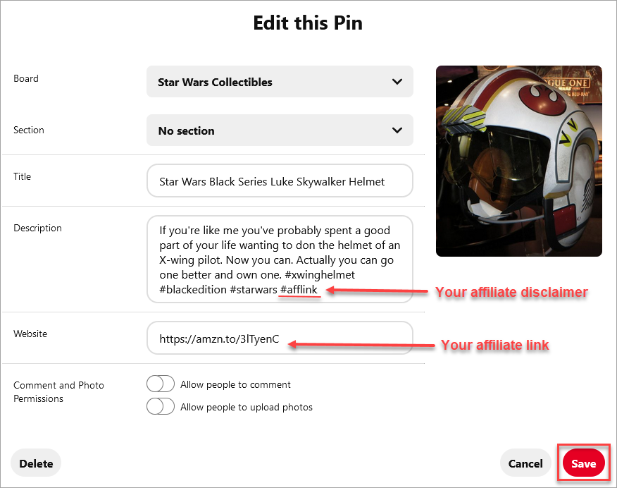 Adding Affiliate Link In Pin Description