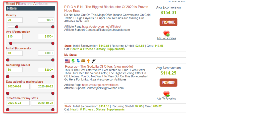Clickbank Affiliate Offers Filters