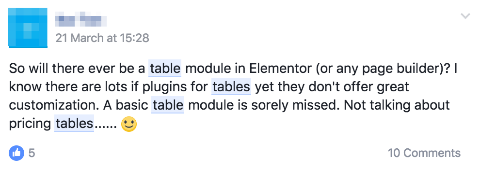 Elementor Table Element Comment