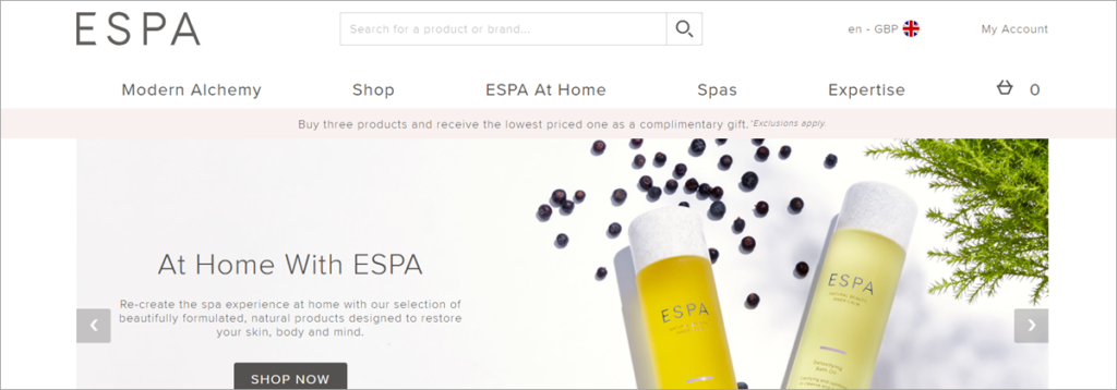 Espa Skincare Homepage Screenshot