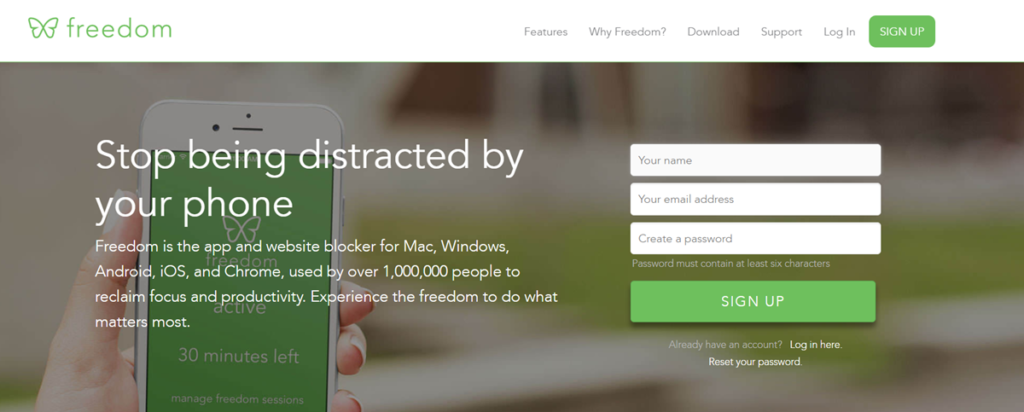 Freedom App Homepage Screenshot