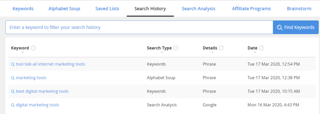 Jaaxy Search History Dashboard