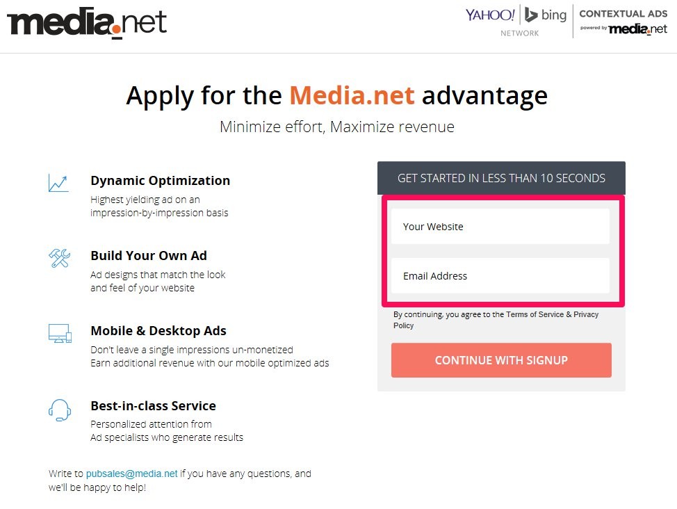 Media.net signup page