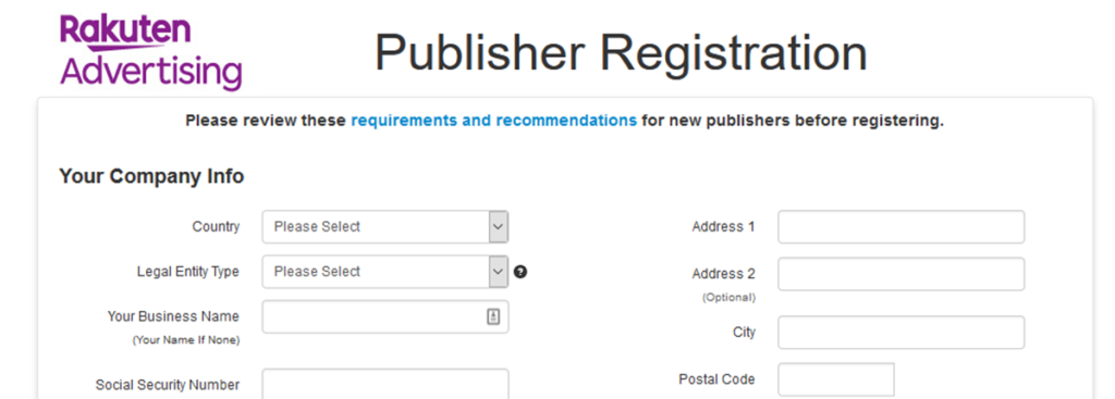 Rakuten Publisher Registration Page