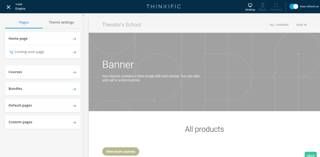 Thinkific Site Builder Dashboard