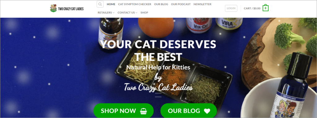 Two Crazy Cat Ladies Homepage Screenshot