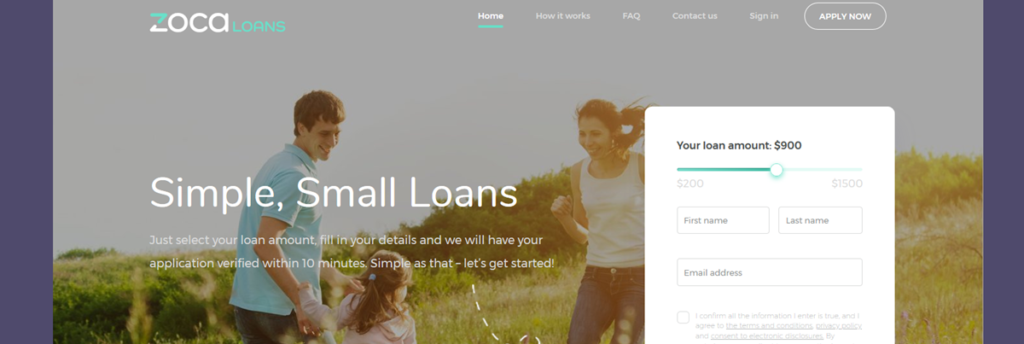 Zoca Loans Homepage Screenshot