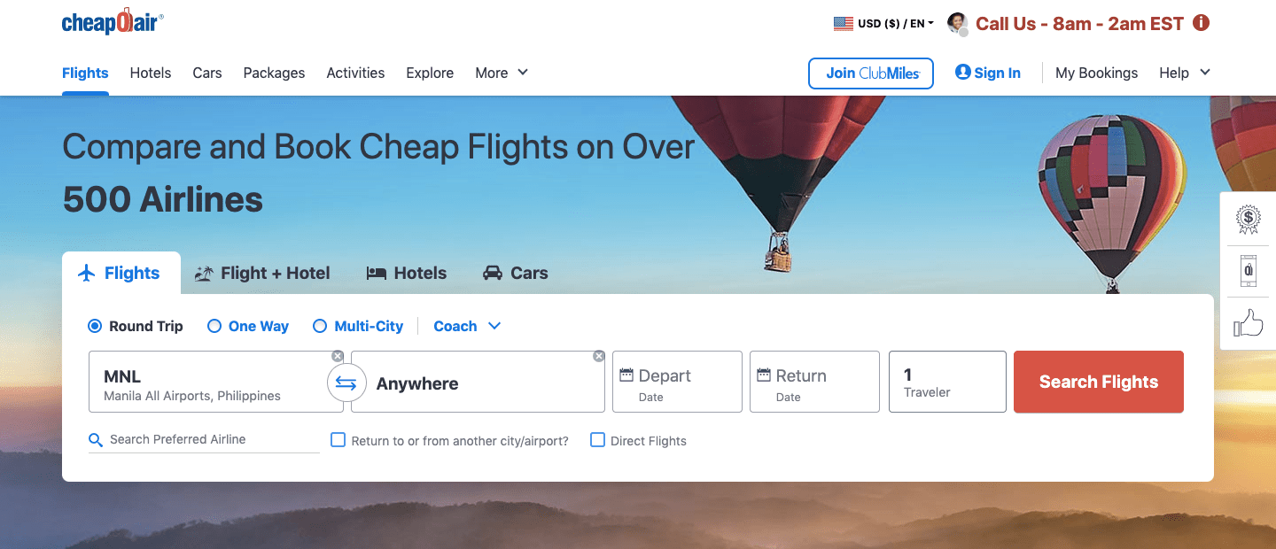 cheapoair homepage screenshot