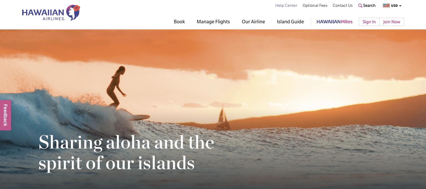 hawaiian airlines homepage screenshot