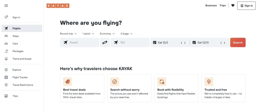 kayak homepage screenshot