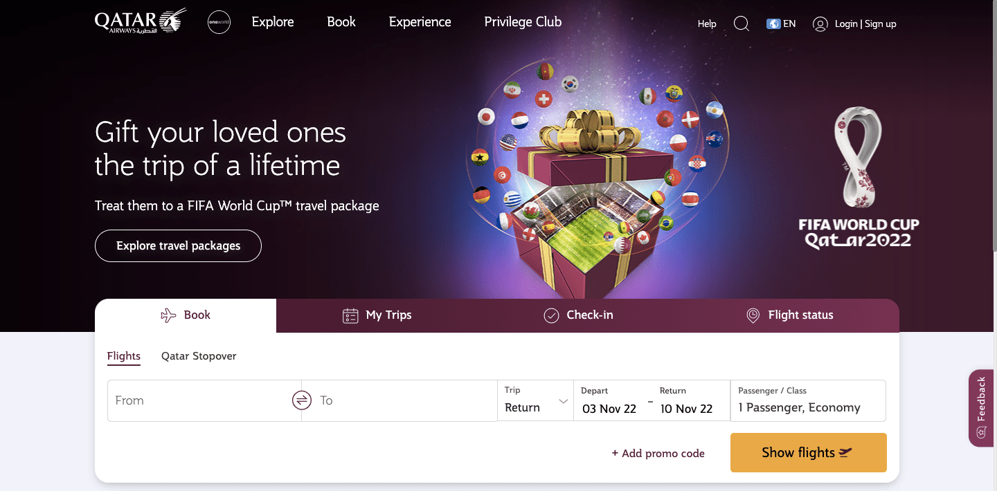 qatar airways homepage screenshot