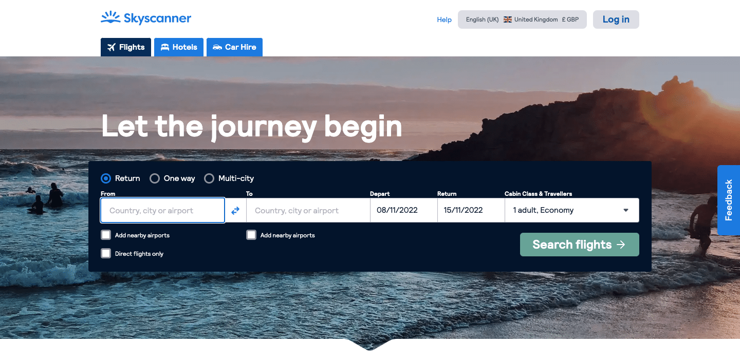 skyscanner homepage screenshot