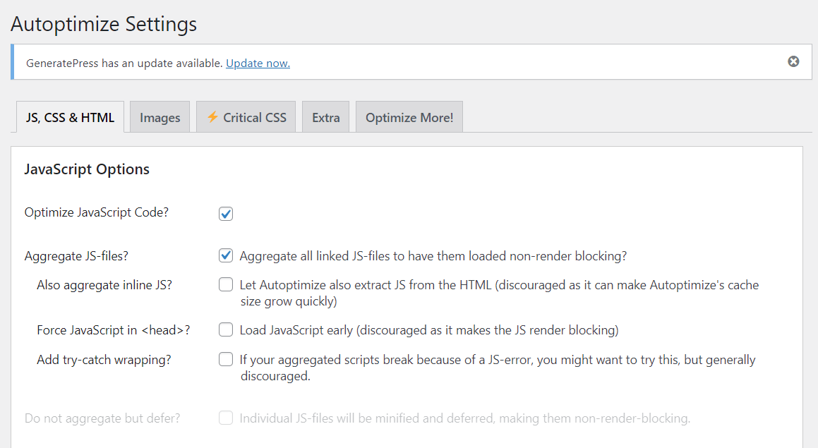 Autoptimize Settings Dashboard