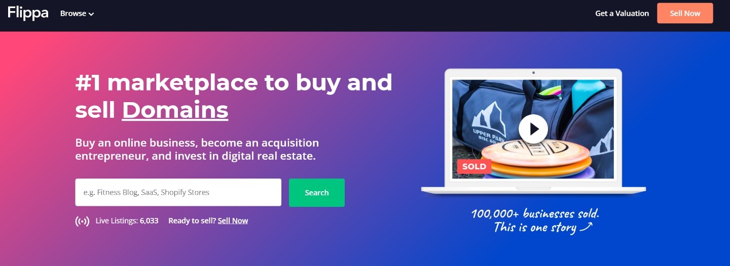 flippa domain marketplace homepage