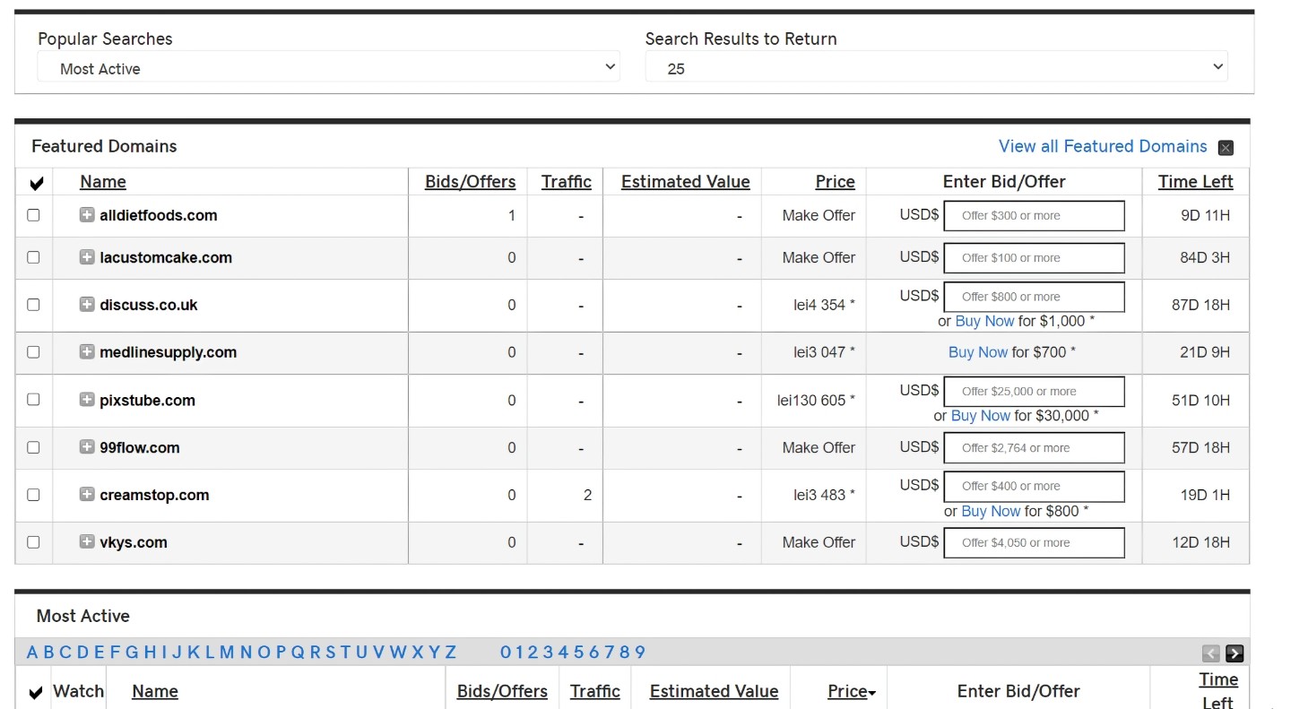 godaddy auction homepage