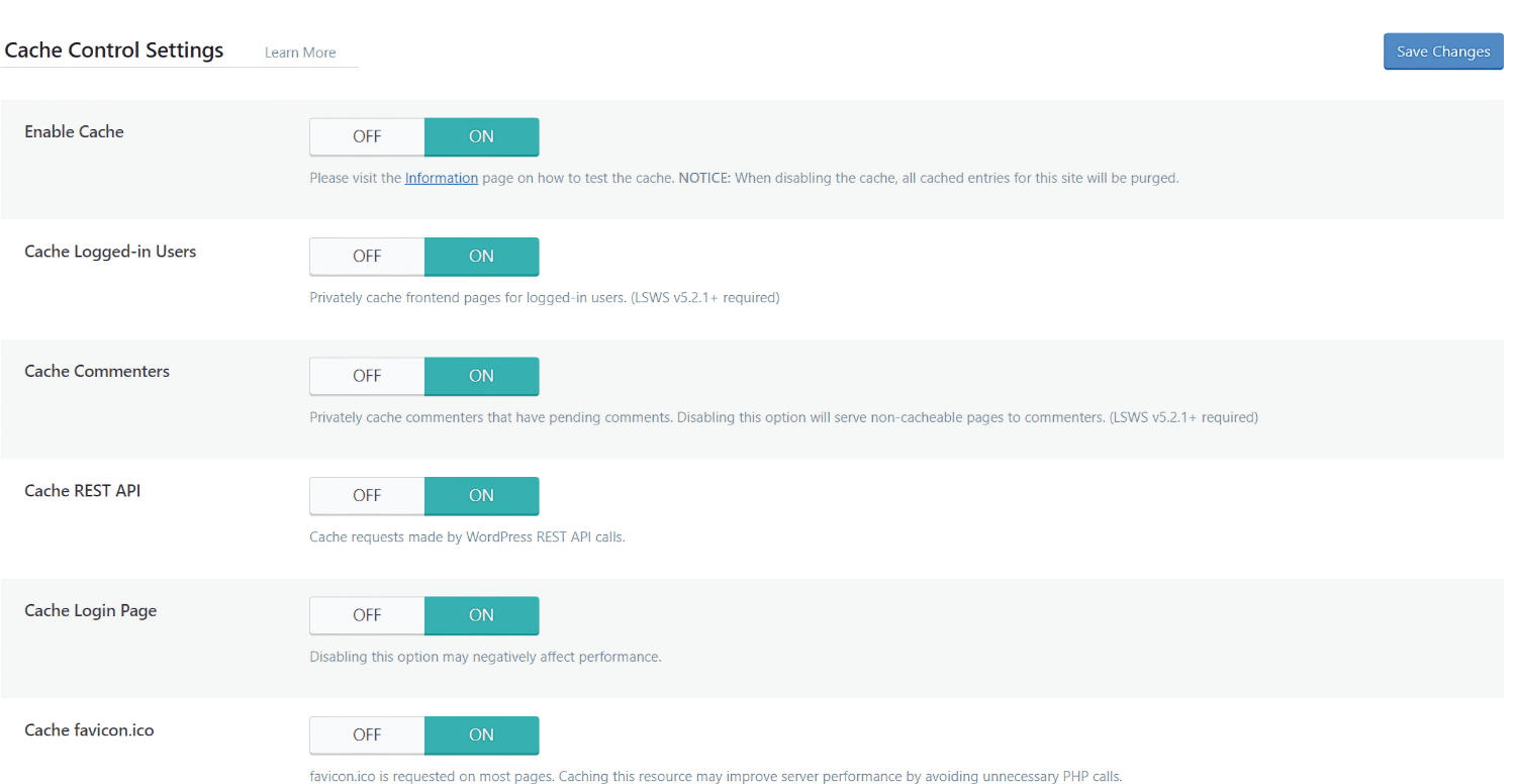 Litespeed Cache Control Settings