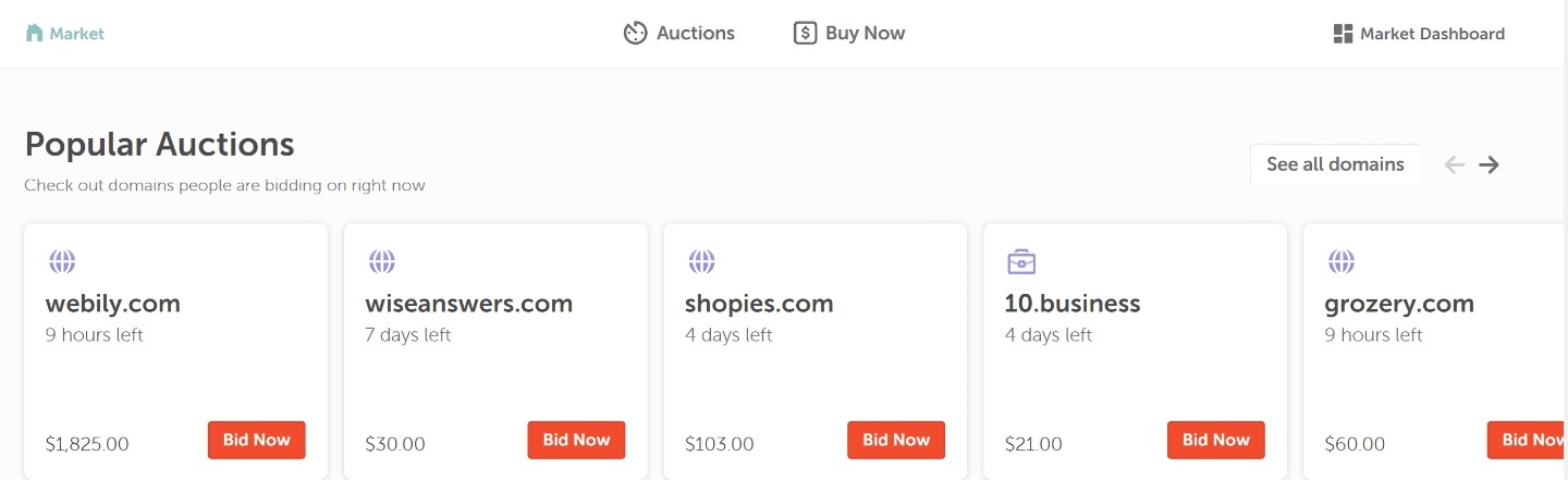 NameCheap Marketplace homepage