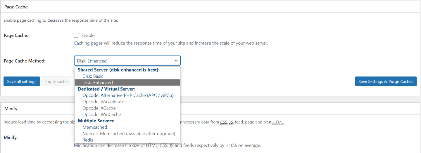 Page Cache Settings