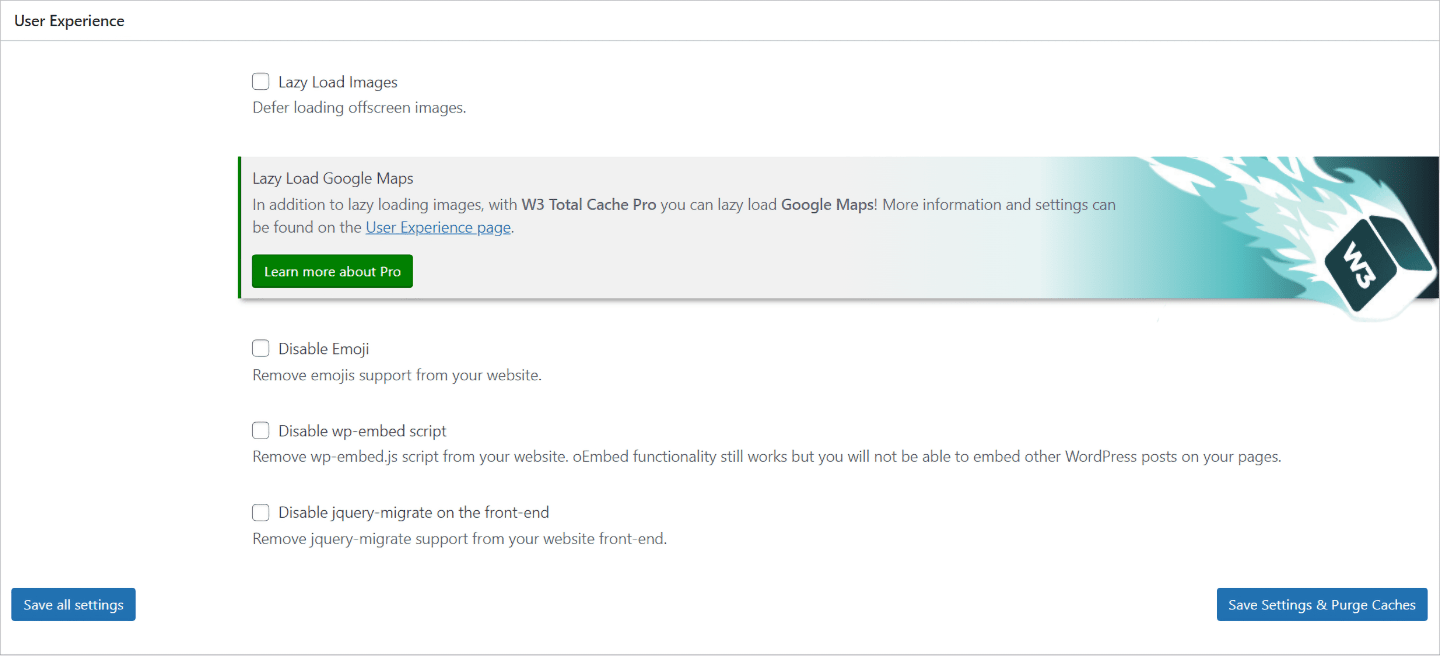 W3 Total Cache User Experience Settings