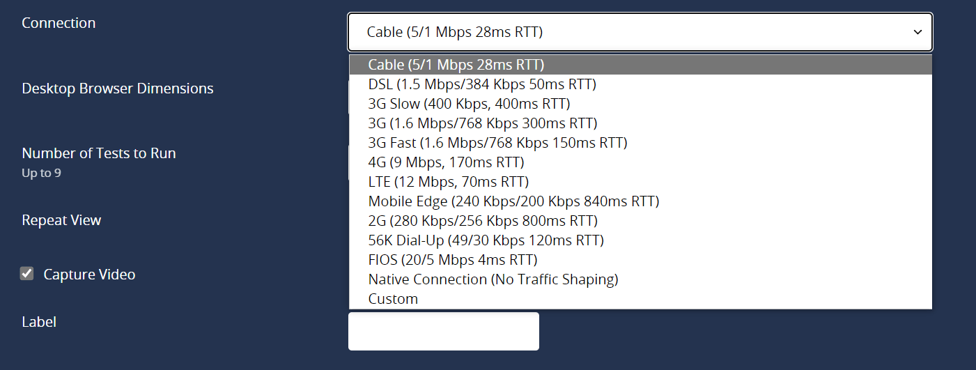 Webpagetest Connection Options